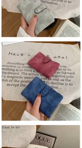 Vertical view of compact matte leather wallets in gray, wine red, and navy blue