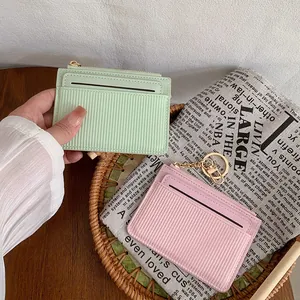 Minimalist PU Leather Card Holder For Women Solid Color Vertical Stripe Zip Wallet With Key Ring Small Coin Purse Pocket