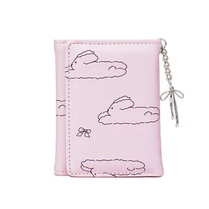 Portefeuille rose en cuir PU pour femme avec motif lapin mignon et pendentif nœud