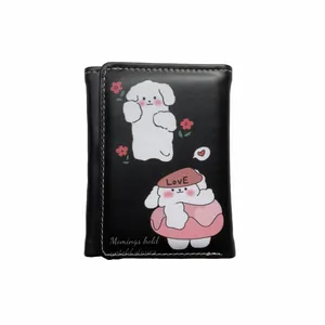 Petit portefeuille noir pour femme avec motif de chiot mignon et fleurs roses