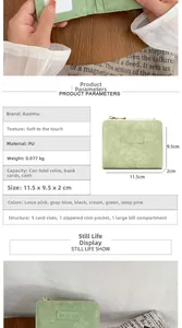 Detail view of compact green PU leather wallet showing card slots and zipper pocket