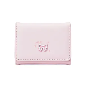 Petit portefeuille rose en cuir PU avec nœud papillon 3D et détails d'étoiles gravés