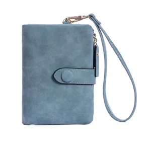 Short bifold grey-blue faux suede women wallet with gold zipper and wrist strap