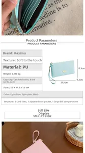 Detailed view of long PU leather wallet showing interior slots, zipper and dimensions
