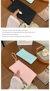 Litchi texture cowhide leather long wallets in pink, blue, and black with wristlet