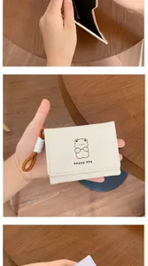 Three-fold wallet with bear print, hand strap and interior compartment layout view