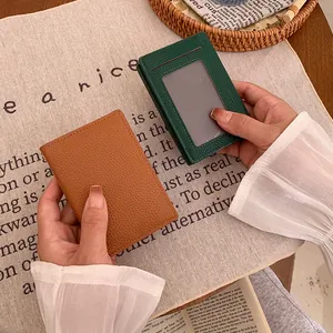 Litchi texture PU leather card holder wallet for students in green and brown finish