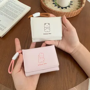 Women Cute Cartoon Bear Print Tri-fold Wallet PU Leather Student Small Coin Purse With Lanyard Card Slots Daily Storage Pocket