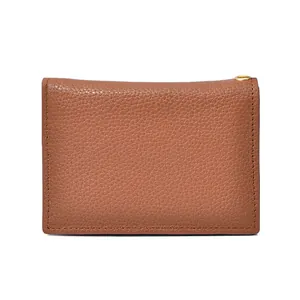 Short brown lychee grain PU leather wallet for women with golden metal ring detail