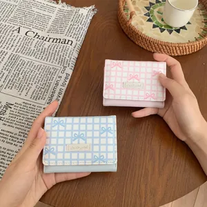Portafoglio corto a tre ante rosa e blu con fiocco e motivo a quadri stile coreano