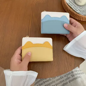 Slim cat-ear shaped women's coin purse with stylish tricolor stitching and golden zipper