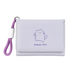 Cute lavender purple foldable cat print wallet with braided wristlet strap for women