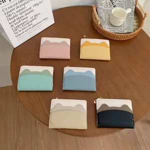 Slim multi-slot women purse with cat ear design in six pastel PU leather colors