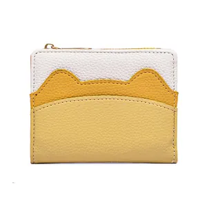 Slim minimalist women's wallet with cute cat ear design and yellow color-block leather