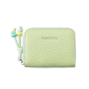 Portacarte classico in pelle verde da donna con cerniera e perline colorate decorative