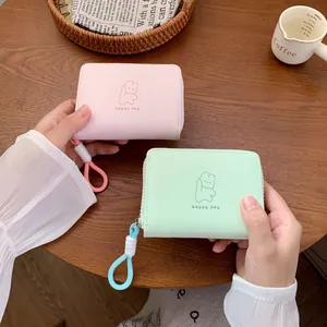 Minimalist macaron PU leather mini wallets featuring cute bear and happy day prints