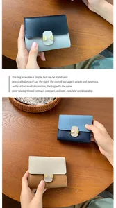 Detail of color-block leather mini wallets with metal buckles and fine stitching texture