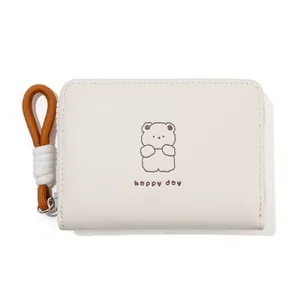 Minimalist cream white coin purse with cute bear illustration and brown woven rope zipper