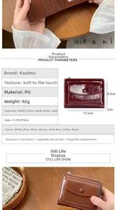 Detail view of small PU leather wallet showing 5 card slots and a zipper pocket