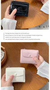 Detailed close-up of compact PU leather wallets with snap buttons and zip closures