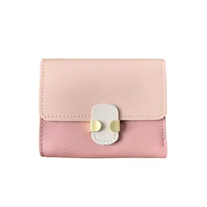 Pink color-block small wallet with white U-clasp and smooth faux leather texture