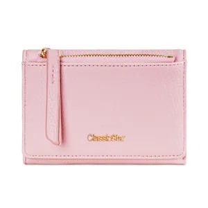Detail der rosa Lederbrieftasche mit ClassicStar-Logo und Reißverschlusstasche