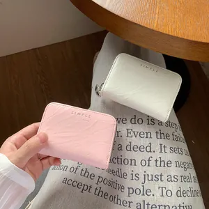 Women Minimalist Crinkled PU Leather Card Holder Wallet With Heart Charm Metal Zipper RFID Blocking Bellows Style Mini Purse