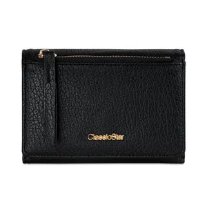 ClassicStar schwarze Geldbörse mit Litschi-Muster, Gold-Reißverschluss und Logo