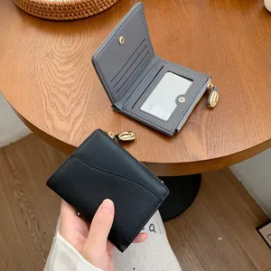 Portafoglio corto minimalista con cerniera da donna in nero e grigio con scomparti