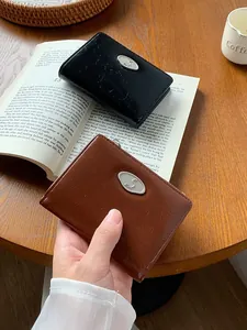Vintage Women Short PU Leather Wallet Wrinkle Texture Metal Logo Zippered Bifold Coin Purse Card Holder Multi Compartment Pocket Money Bag