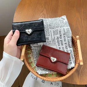 Women's Vintage Crinkled PU Leather Short Wallet Fashion Heart Buckle Foldable Card Holder Mini Purse For Lady Everyday Use