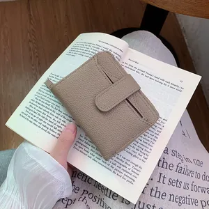 Women's minimalist litchi grain PU leather folding wallet in light coffee with snap button