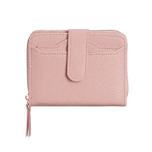 Pink lychee grain leather short wallet with metal zipper and snap button closure