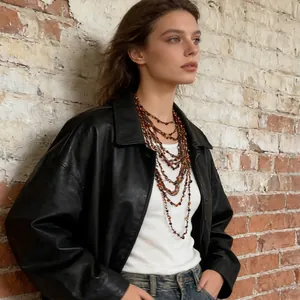 Bohemian multi-layer handmade beaded necklace in amber and brown tones for women