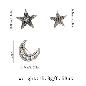 Detail showing dimensions of star and moon brooch set with sparkling rhinestones