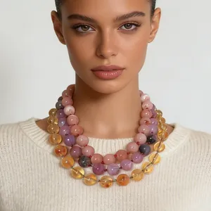 Collier Noué en Perles de Plastique Fait à la Main pour Femmes Mode Bohème Perles en Résine Motif Marbre Bijoux