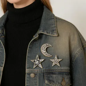 Luxury Alloy Rhinestone Star And Moon Brooch Set For Women Elegant Shining Crystal Pins For Daily Clothes Jewelry Gift