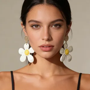 Luxus Legierung Emaille Gänseblümchen Blume Ohrhänger Für Damen Große Weiß Gelb Floral Vintage Statement Schmuck