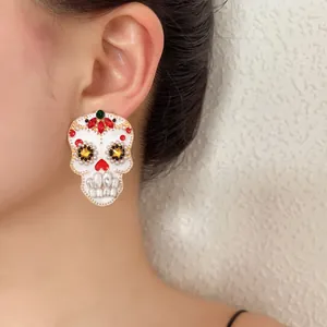 Orecchini a Goccia Teschio di Zucchero Vintage per Donna in Lega con Strass e Smalto Intarsio di Perle Gioielli Giorno dei Morti Messicano