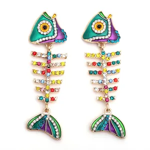 Boucles d'Oreilles Pendantes Créatives en Alliage avec Arête de Poisson en Strass Coloré pour Femme Bijoux Vintage en Émail