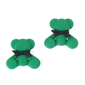 Orecchini a Bottone in Lega di Zinco a Forma di Orso Verde Con Fiocco Nero Trama a Nido d'Ape Per Donna Gioielli di Moda