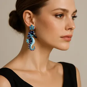Fashion Personality Alloy Seahorse Enamel Rhinestone Dangle Earrings Ocean Style Flower Starfish Earrings Jewelry For Women