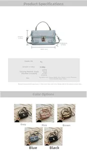 Size chart and dimensions for the trendy PU leather crossbody bag showing all five colors