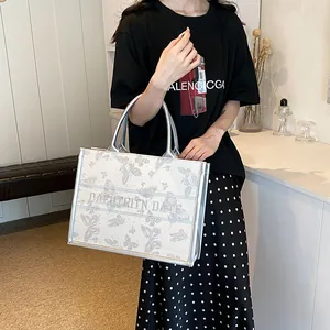 Stylish large silver tote bag with butterfly prints and embroidery for women