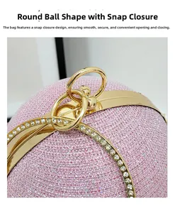 Macro shot of pink glitter evening bag with gold ring snap closure and crystal inlay