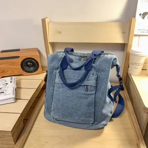 Detailed view of washed denim backpack on wooden chair with vintage lifestyle decor