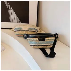 Detailed view of woven bohemian crossbody bag with colorful stripes and adjustable strap