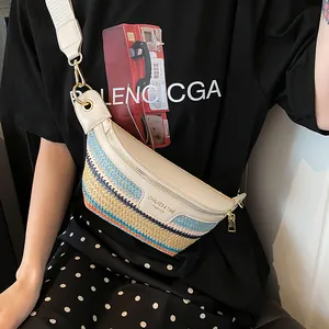 Chic woven patchwork crossbody chest bag for women with colorful design and white leather