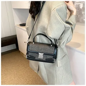 Close-up of a plaid crossbody bag with silver moth buckle and black leather trim