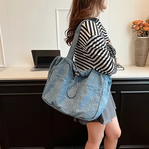 Große blaue Denim-Tote-Bag aus Segeltuch mit Kordelzugtaschen für Schule und Pendeln